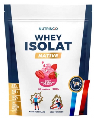 Nutri&Co Whey Isolat Native Masse Musculaire et Récupération 900 g - Goût : Milkshake Fraise
