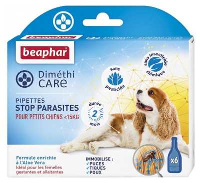 Beaphar Diméthicare Spot-On Anti-parasitaire Chiens Moins de 15 Kg 6 Pipettes (à consommer de préférence avant le 30/12/2026)