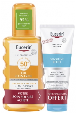 Eucerin Sun Protection Oil Control Sun Spray Transparent SPF50+ 200 ml + Offert Sensitive Relief Gel-Crème Après-Soleil 50 ml (à consommer de préférence avant le 31/12/2026)
