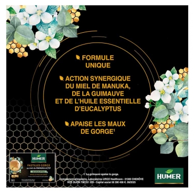 Humer 16 Pastilles Gorge Miel de Manuka Actif IAA 15+ et Eucalyptus