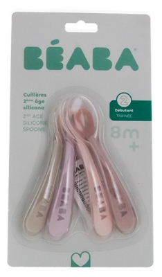 Béaba 4 Cuillères Silicone 2ème Âge Dès 8 Mois - Couleur : Barbe à Papa / Cotton Candy