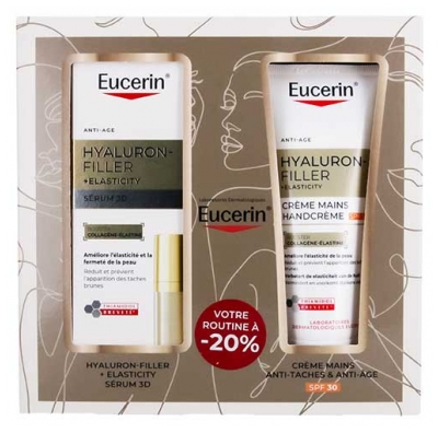Eucerin Hyaluron-Filler + Elasticity Sérum 3D Anti-Âge 30 ml + Hyaluron-Filler + Elasticity Crème Mains Anti-Taches SPF30 75 ml