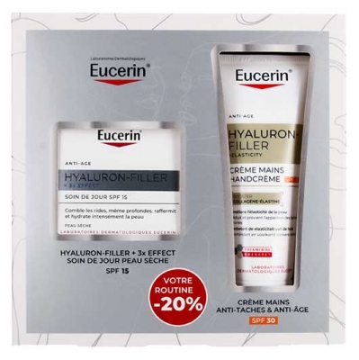 Eucerin Hyaluron-Filler + 3X Effect Soin de Jour Anti-Âge SPF15 Peau Sèche 50 ml + Hyaluron-Filler + Elasticity Crème Mains Anti-Taches SPF30 75 ml
