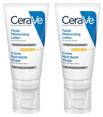 CeraVe Soins Visage Crème Hydratante Visage SPF50 Lot de 2 x 52 ml