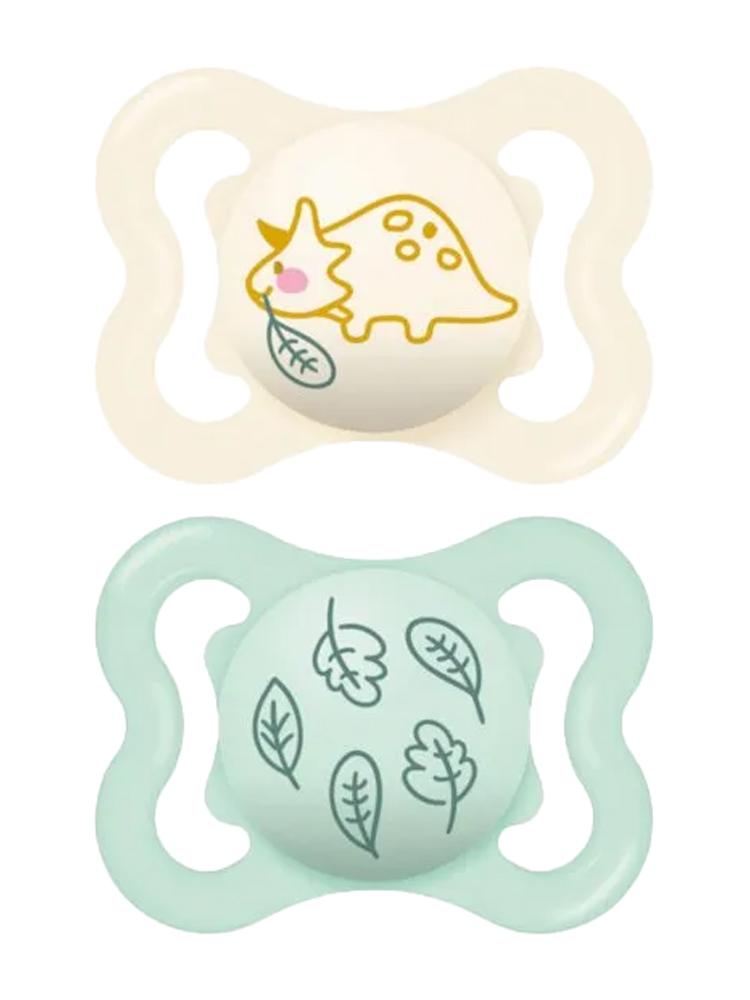 MAM Sucette Suprême - 2-6 Mois - Silicone - X2 - Modèle : Tricératops et Feuilles