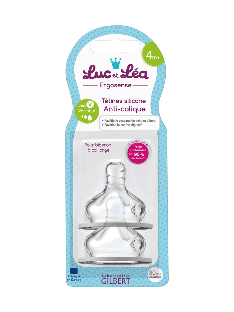Luc et Léa 2 Tétines Anti-Coliques Débit Variable (V) en Silicone