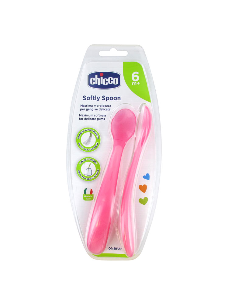 Chicco Mes Premières Cuillères Souples Bout Silicone - X2 - Rose - 6M+ - Couleur : Rose