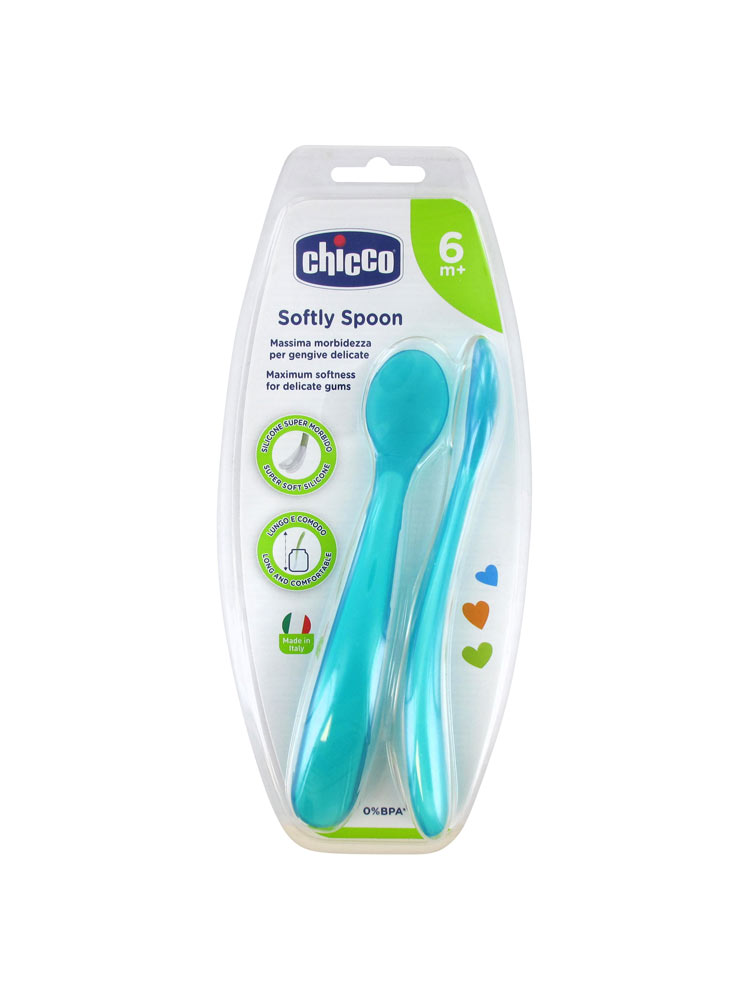 Chicco Mes Premières Cuillères Souples Bout Silicone - X2 - Rose - 6M+ - Couleur : Bleu