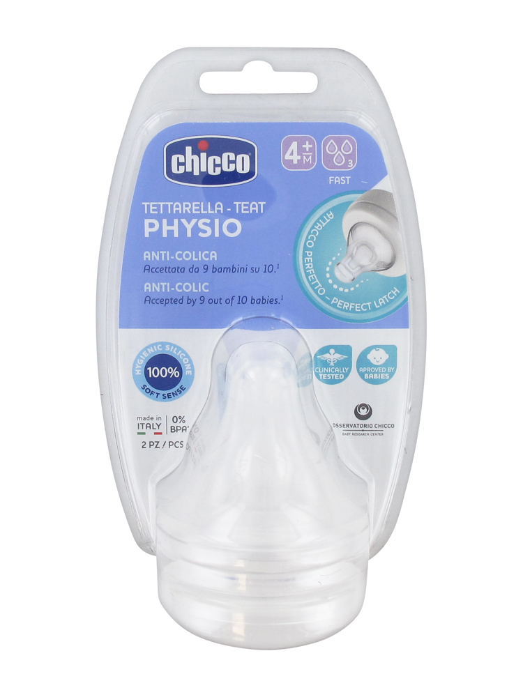 Chicco Tétine Physiologique Anti-Coliques Silicone - Flux Rapide - 4M+ - X2