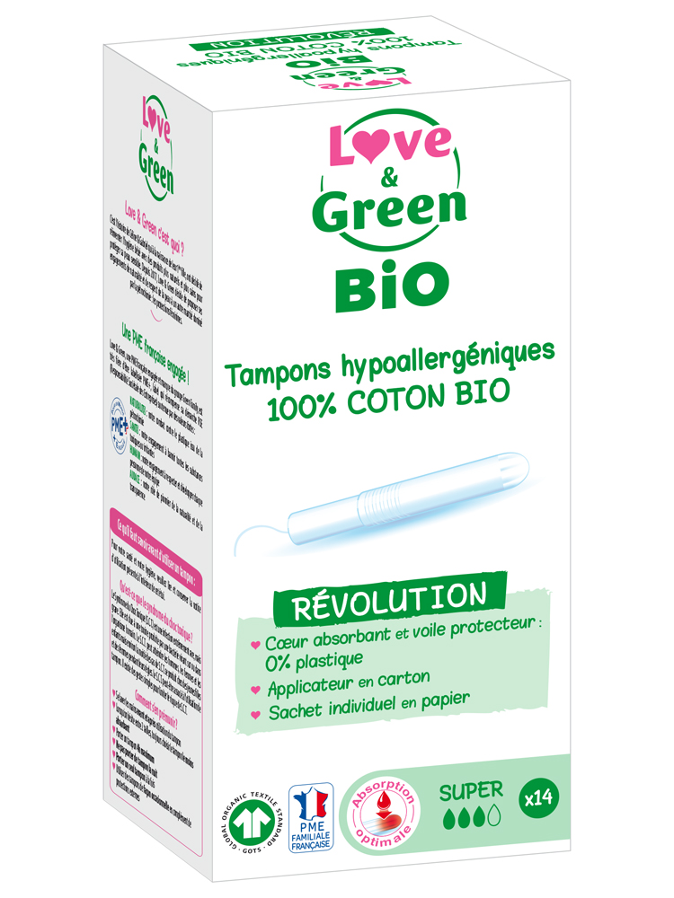 Love & Green Tampons 100% Coton Bio Hypoallergéniques et Écologiques Avec Applicateur "super" X 14