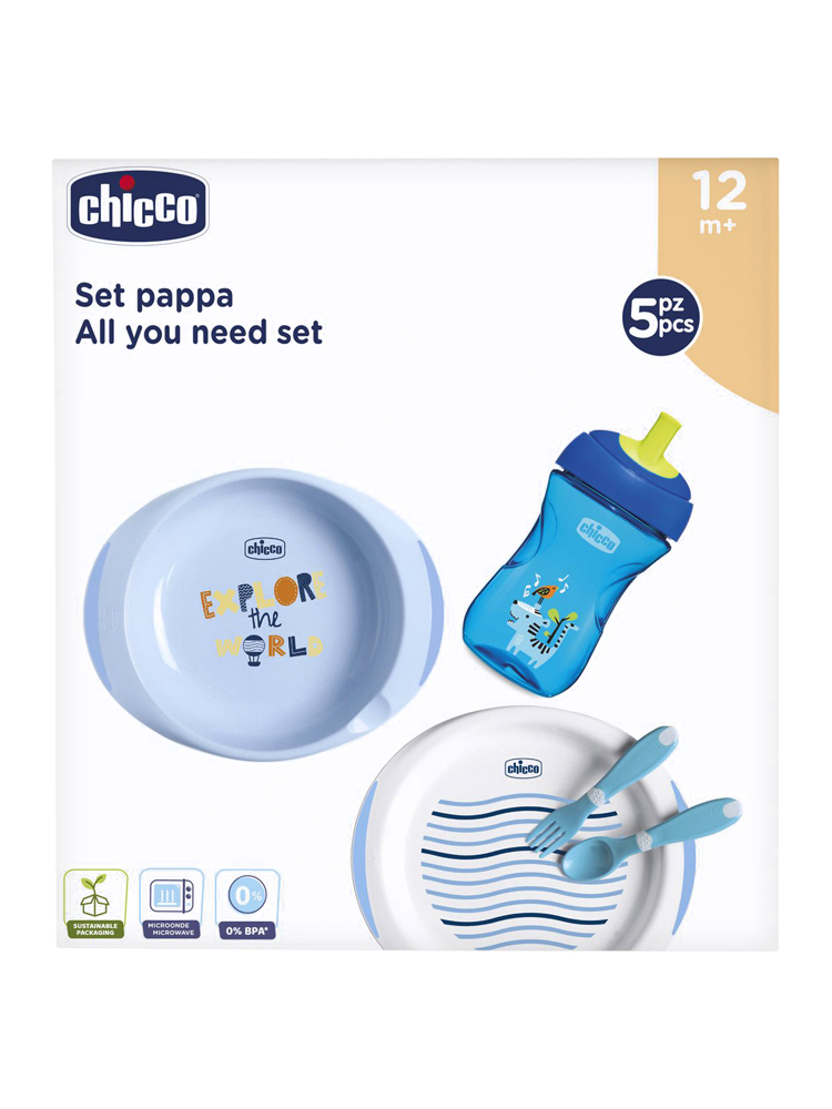 Chicco Coffret Repas (Ensemble Assiettes + Tasse Perfect + Premiers Couverts) - Bleu 12M+ - Couleur : Bleu
