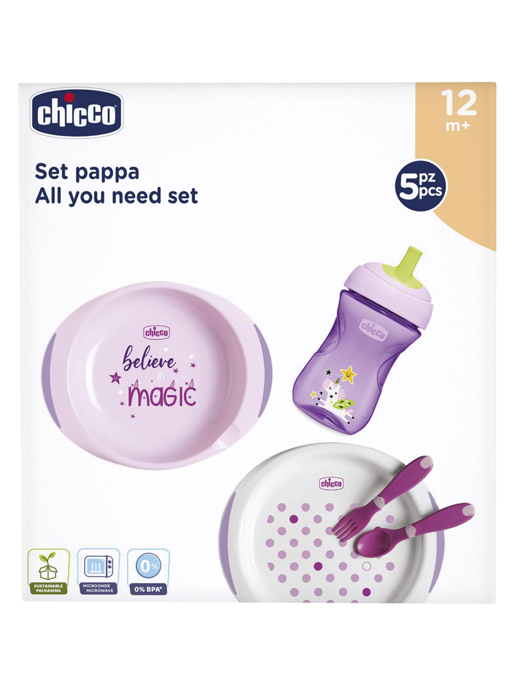 Chicco Coffret Repas (Ensemble Assiettes + Tasse Perfect + Premiers Couverts) - Bleu 12M+ - Couleur : Rose