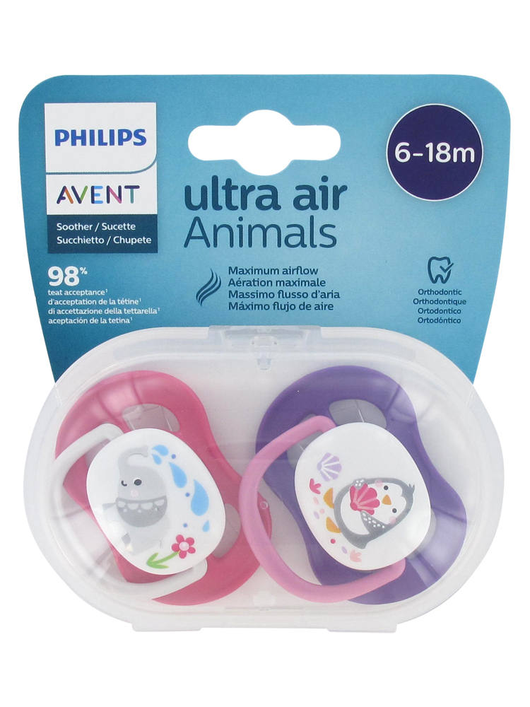 Avent Sucettes Ultra Air Animals 6-18M - Modèle : Éléphant/Pinguin Rouge et Violet