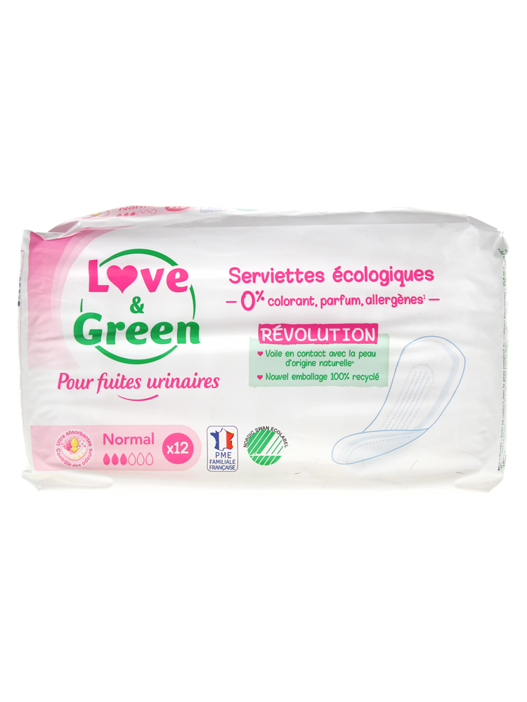 Love & Green Pour Fuites Urinaires Serviettes Hypoallergéniques et Écologiques "normal" X 12