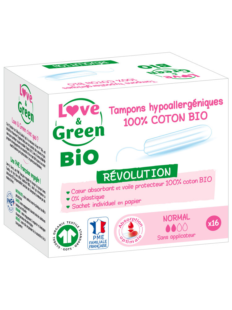 Love & Green Tampons 100% Coton Bio Hypoallergéniques et Écologiques Digitaux "normal" X 16