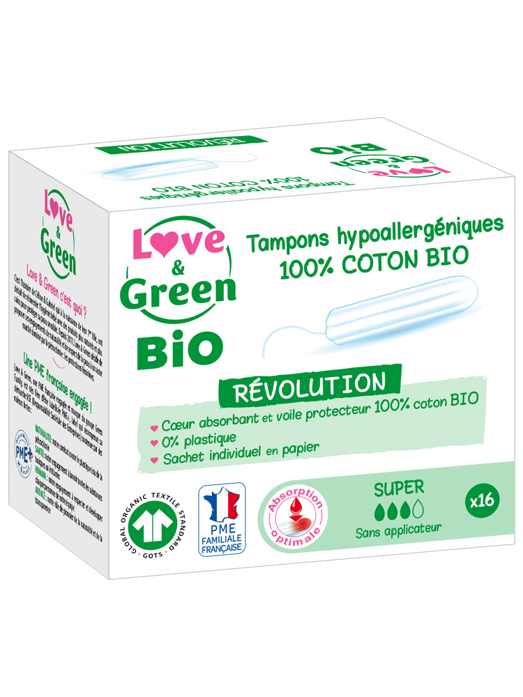 Love & Green Tampons 100% Coton Bio Hypoallergéniques et Écologiques Digitaux "super" X 16