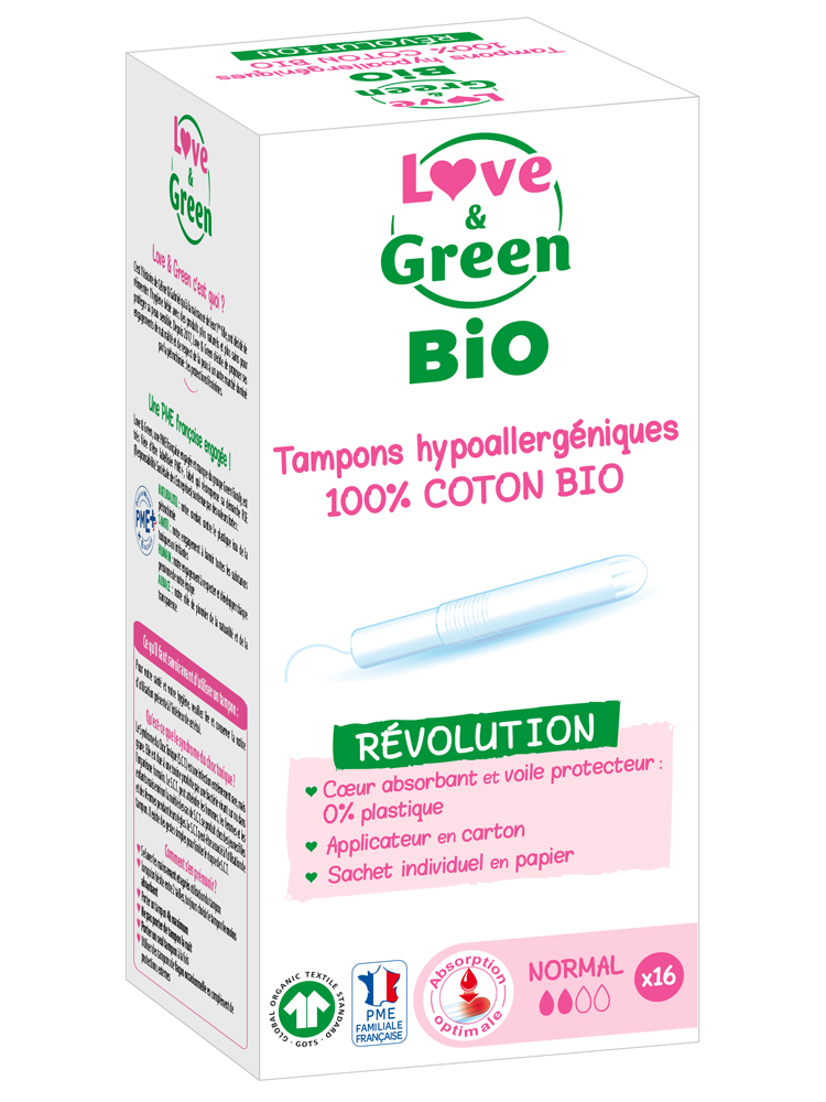 Love & Green Tampons 100% Coton Bio Hypoallergéniques et Écologiques Avec Applicateur "normal" X 16