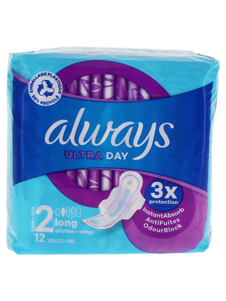 Always Ultra Day Serviettes Longues avec Ailettes Taille 2 12 Serviettes