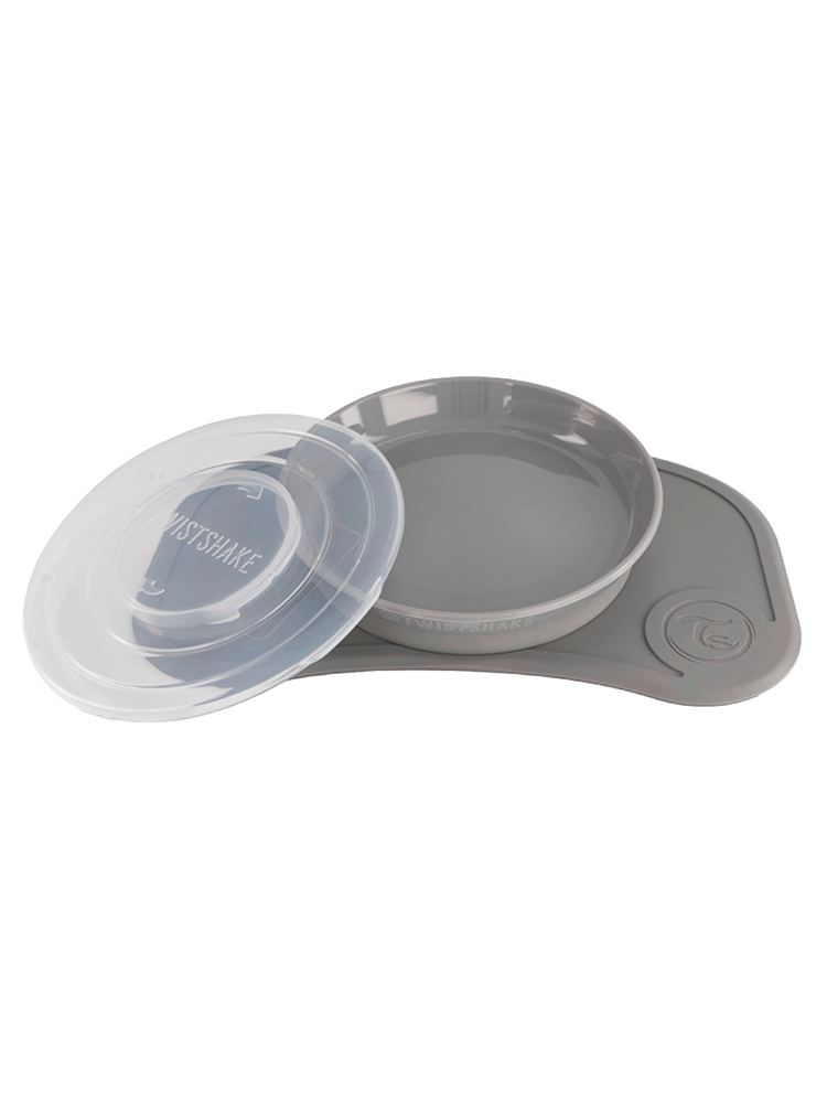 Twistshake Mini Plateau Click Mat + Assiette & Couvercle Dès 6 Mois - Couleur : Gris Pastel