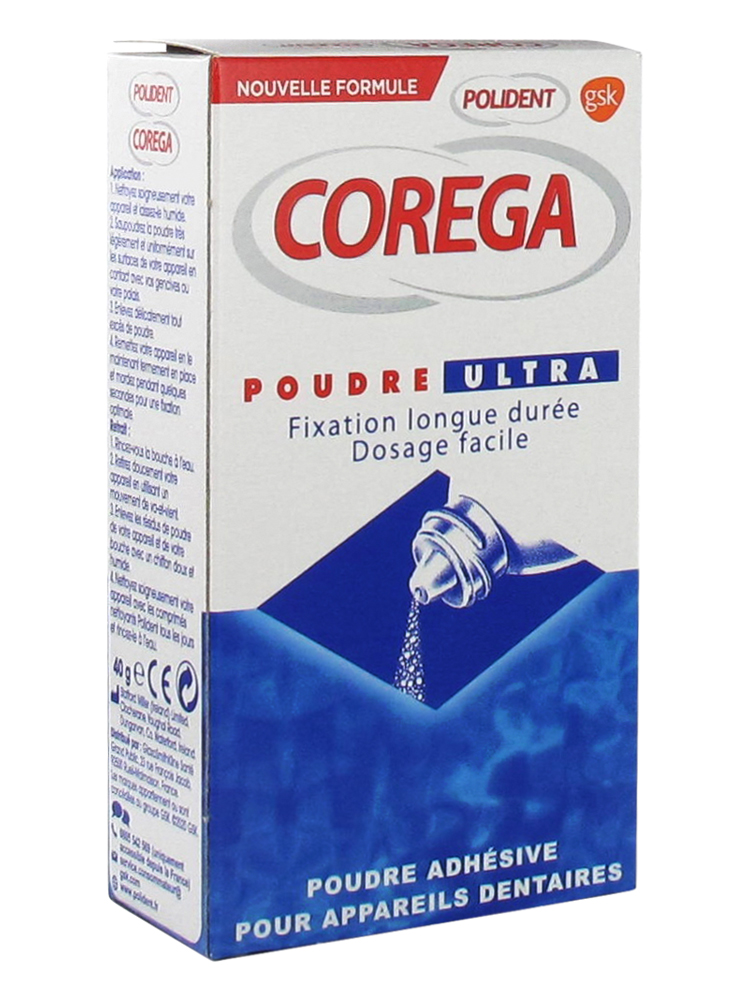 Polident Corega Poudre Adhésive Ultra Pour Prothèses Partielles et Complètes 40 gr