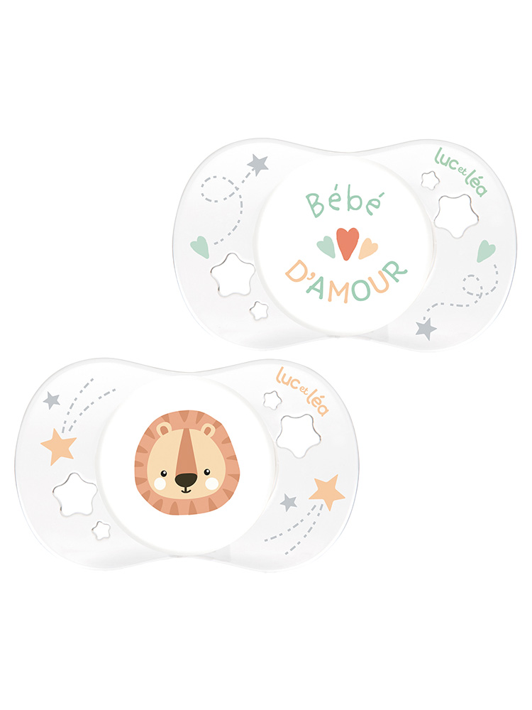 Luc et Léa Essentiel Naissance 2 Sucettes Anatomiques 0-2 Mois - Modèle : Bébé d'Amour et Lion