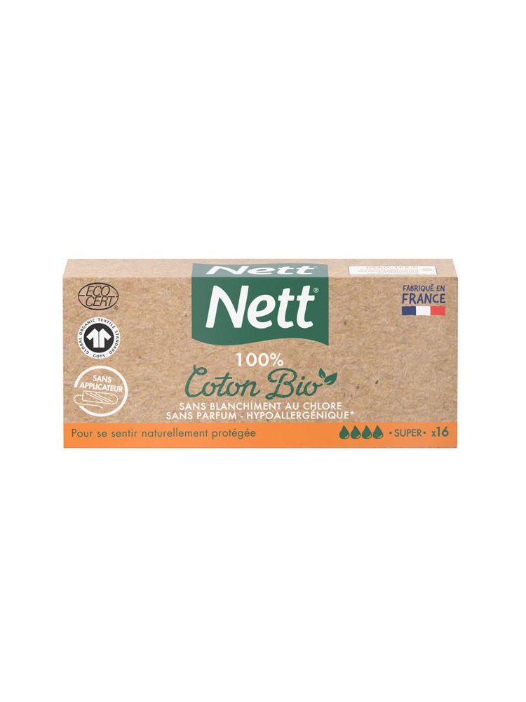 Nett Coton Bio Super Sans Applicateur Flux Abondants 16 Tampons