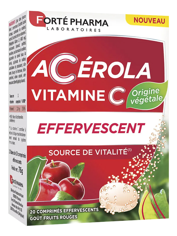 Forté Pharma Acérola Vitamine C Origine Végétale - Effervescent - Source de Vitalité - 20 Comprimés