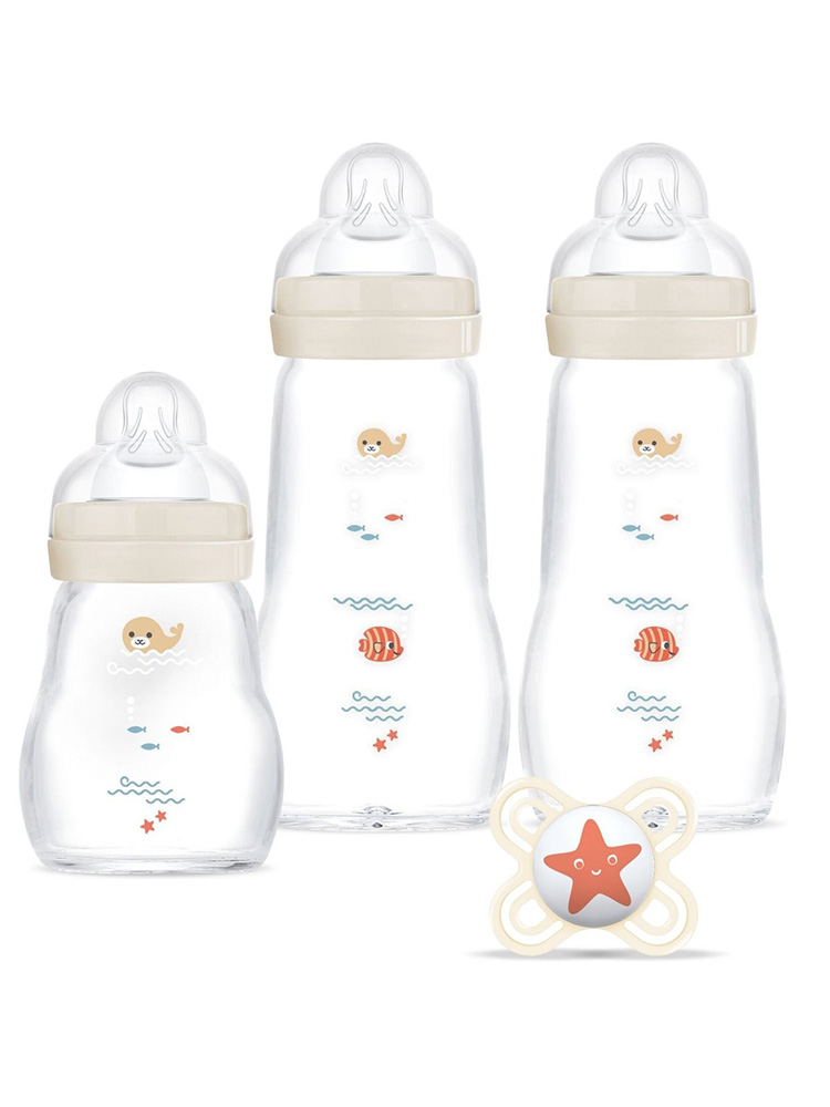 Coffret Biberons en Verre avec Sucette pour Bébé - Ensemble Complet 0 Mois et + - Modèle : Phoque et Poisson