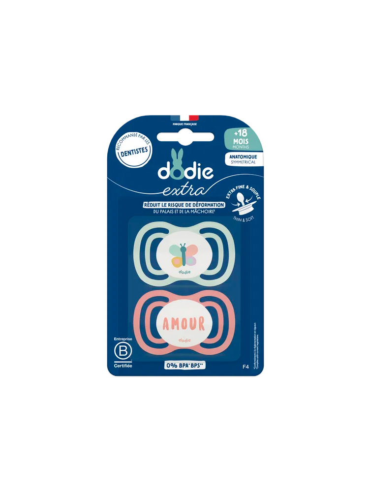 Dodie Extra 2 Sucettes Anatomiques 18 Mois et + - Modèle : Papillon/Amour