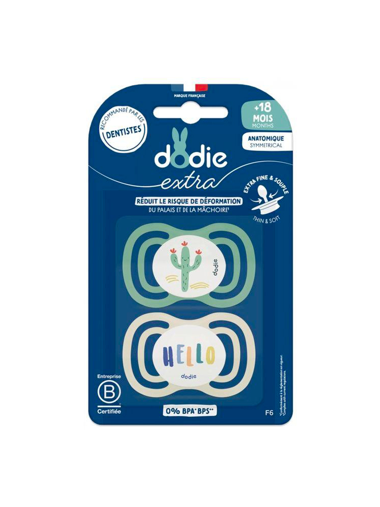 Dodie Extra 2 Sucettes Anatomiques 18 Mois et + - Modèle : Cactus/Hello