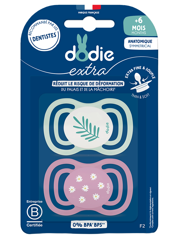 Dodie Extra 2 Sucettes Anatomiques Symmetrical + 6 MOIS - Couleur : Feuille/Marguerites