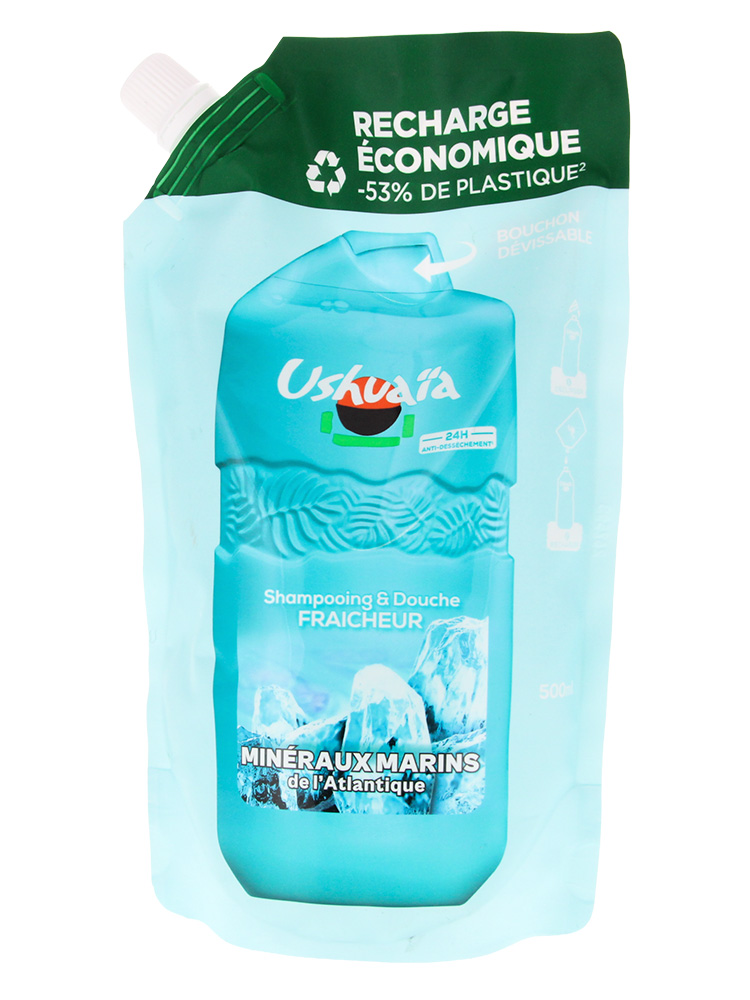 Ushuaïa Shampoing Douche Fraicheur Minéraux Marins de l'Atlantique Éco-Recharge 500 ml
