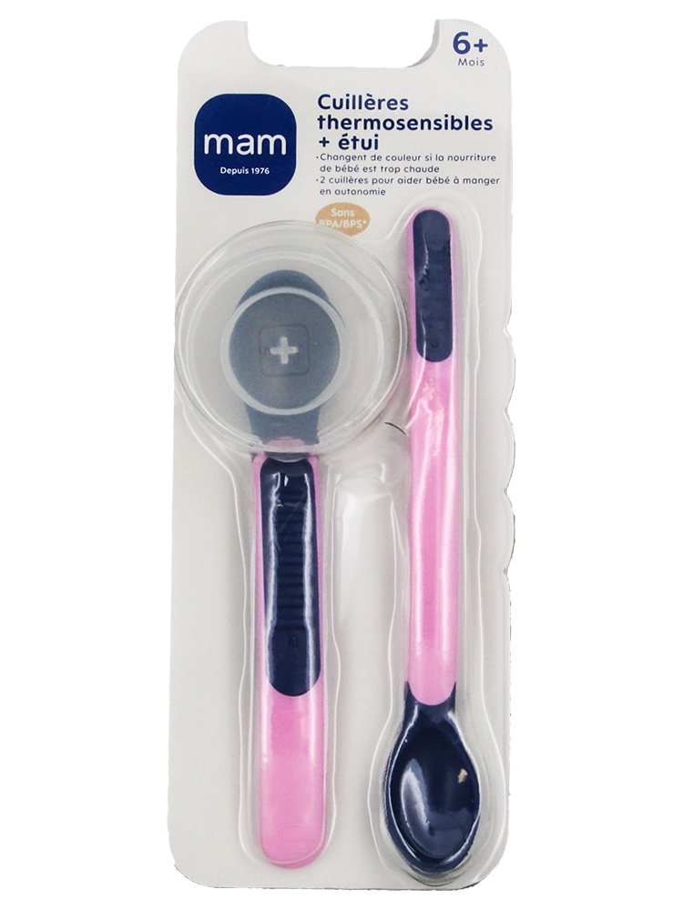 MAM Cuillères Thermosensibles + Étui de Transport 6 Mois et + - Couleur : Rose