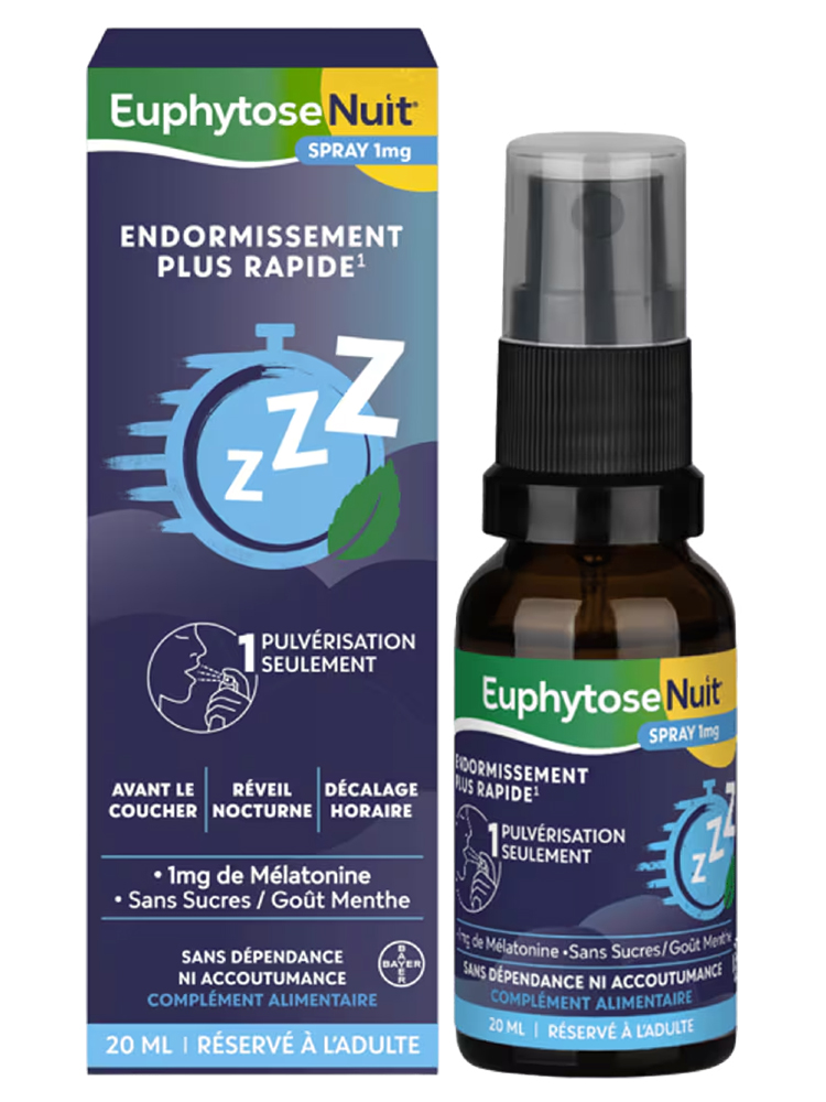 Bayer Santé Spray Sommeil Euphytosenuit® 1 mg Mélatonine – Goût Menthe 130 Pulvérisations Favorise l'Endormissement Rapide Réduit Décalage Horaire et