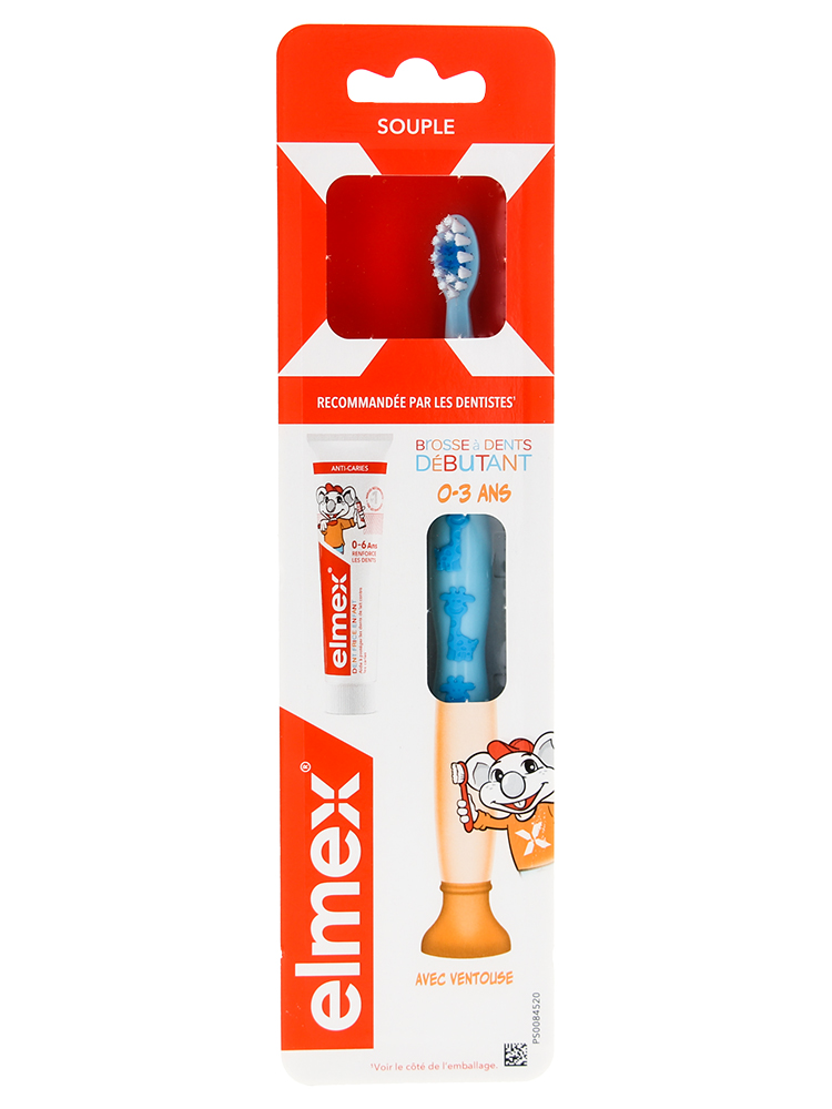 Elmex Débutant Brosse à Dents 0-3 Ans + Échantillon Tube 12 ml Dentifrice - Couleur : Bleu Ciel - Bleu