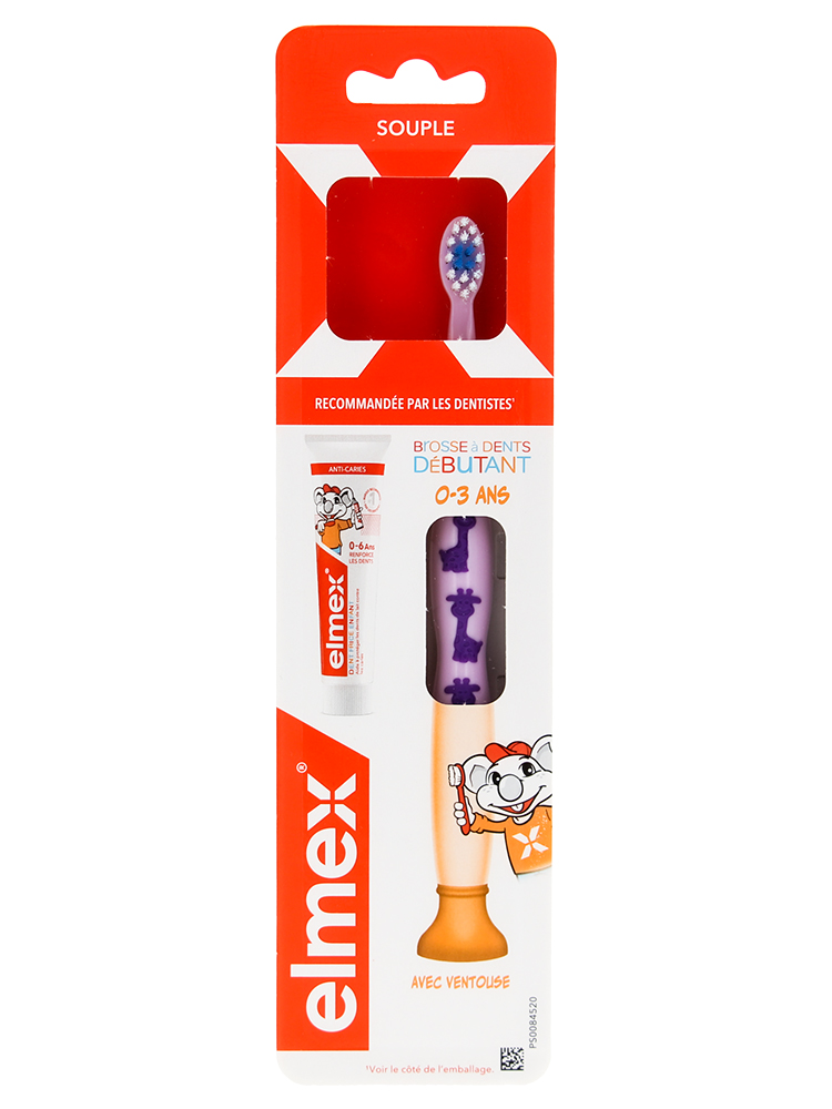 Elmex Débutant Brosse à Dents 0-3 Ans + Échantillon Tube 12 ml Dentifrice - Couleur : Mauve - Violet