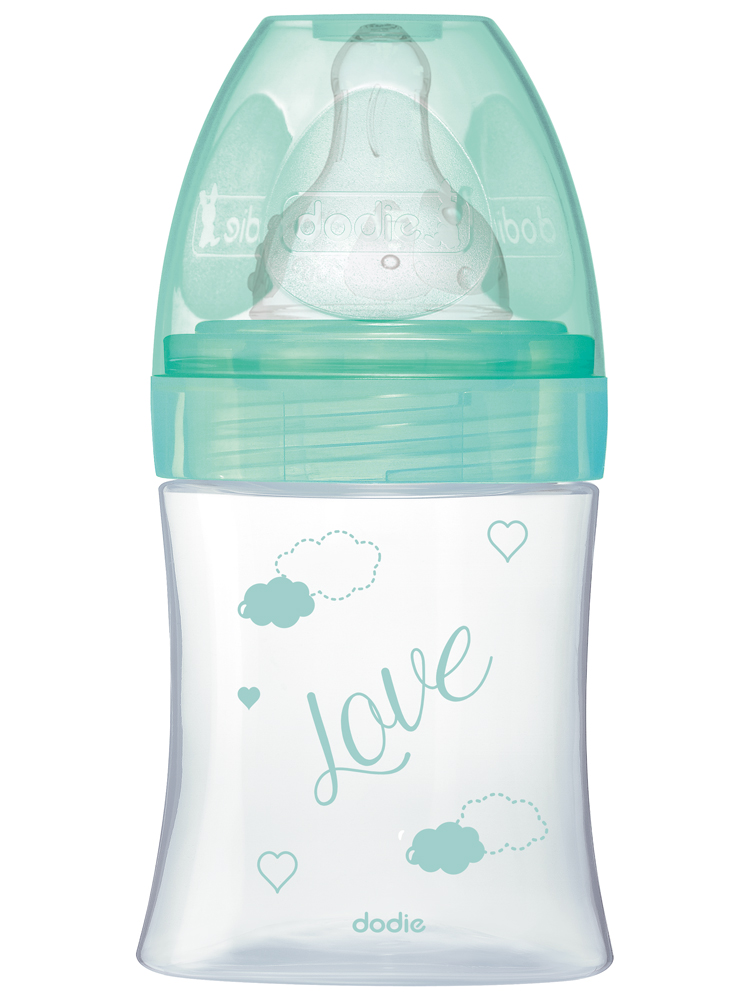 Dodie Biberon Anti-Colique Initiation+ Verre - 150 ml - Vert Oiseaux - 0-6 Mois - Tétine Ronde 3 Vitesses Débit 1