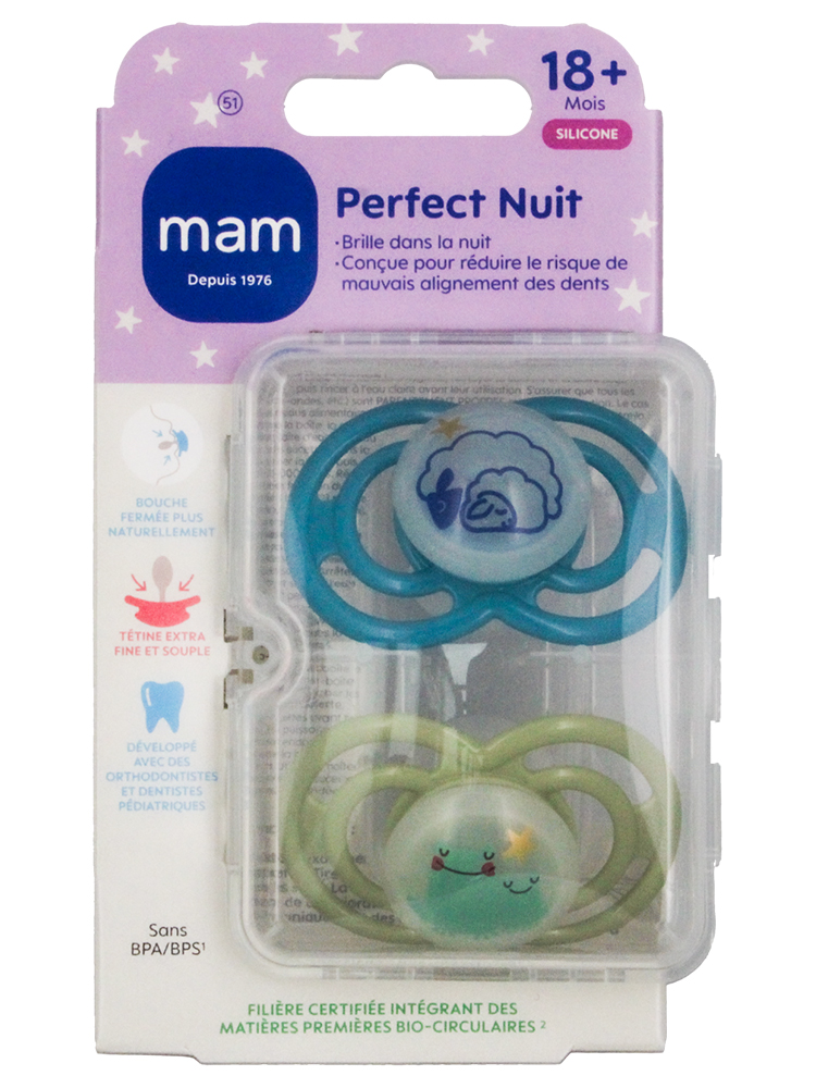 MAM 2 Sucettes Perfect Nuit Animaux Dès 18 Mois - Modèle : Moutons et Grenouilles
