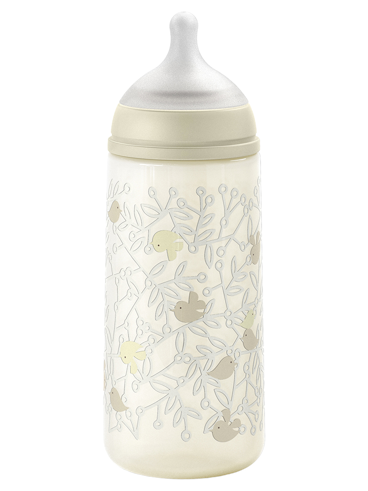 Suavinex Birdies Biberon Tétine Symétrique L Débit Rapide 360 ml Dès 6 Mois - Couleur : Beige