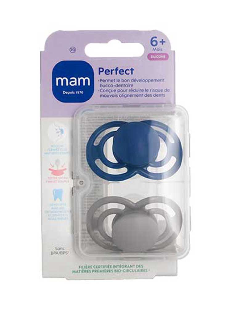 MAM Sucette Perfect Tendance - 6+ Mois - Silicone - X2 - Couleur : Bleu et Gris