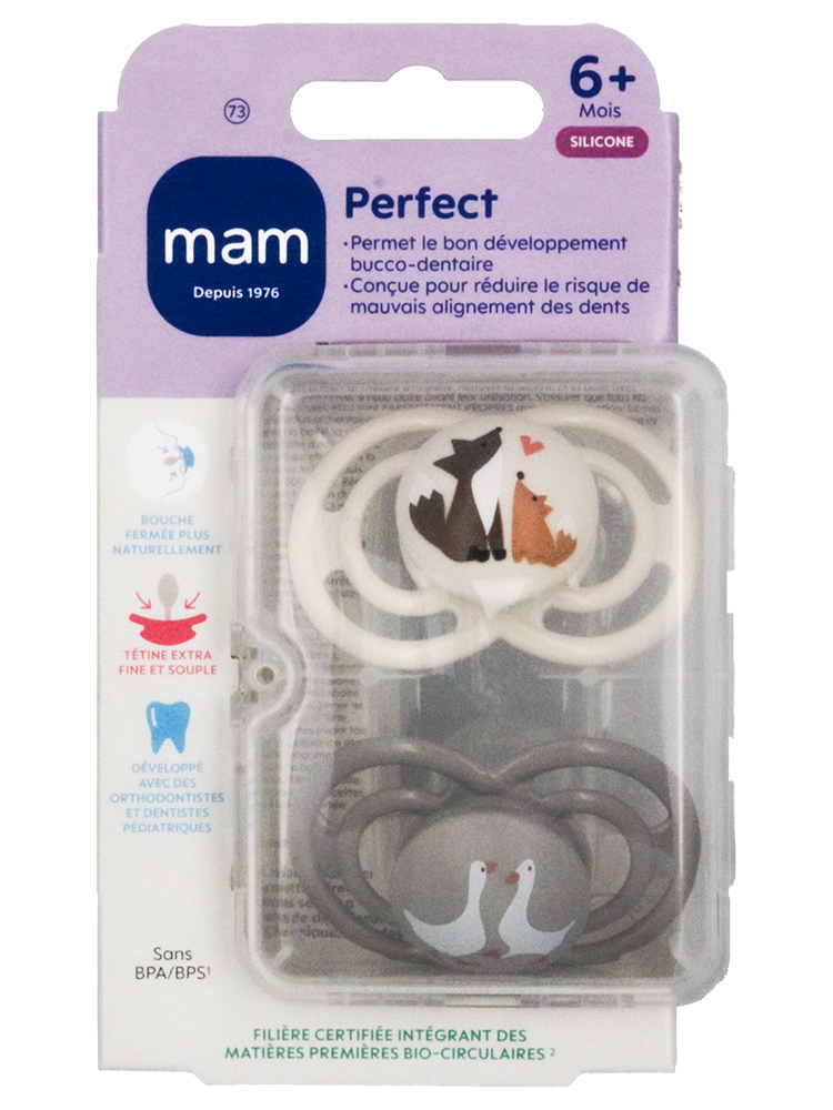 MAM 2 Sucettes Perfect Animaux Dès 6 Mois - Modèle : Renards et Oies