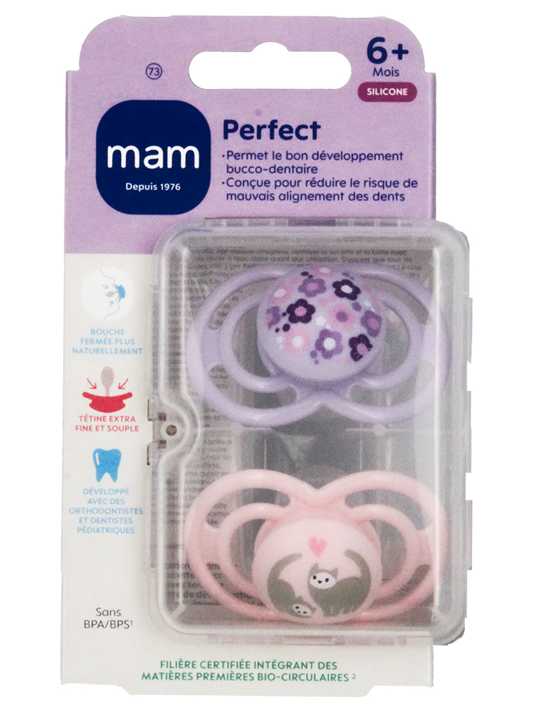 MAM 2 Sucettes Perfect Animaux Dès 6 Mois - Modèle : Fleurs et Chats