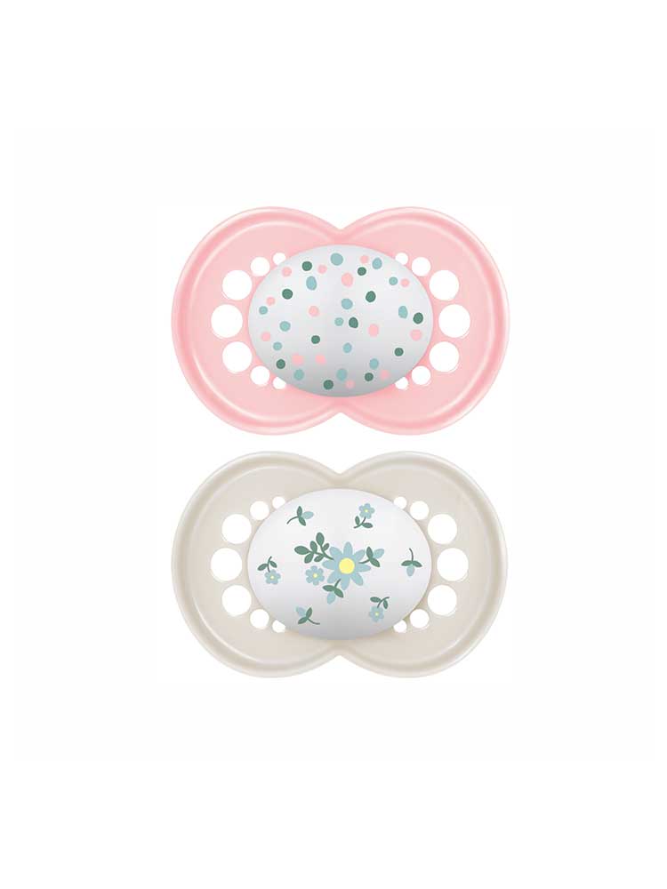 MAM Sucette Original Classique - 18+ Mois - Silicone - X2 - Modèle : Pois Roses et Fleurs Bleues