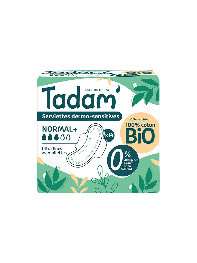 Tadam' Normal+ Serviettes Dermo-Sensitives Ultra Fines avec Ailettes 14 Unités