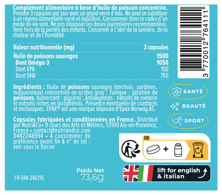 Oméga-3 Nutri&Co Haute Concentration - 60 Gélules - Date Limite 02/27 - Neuf